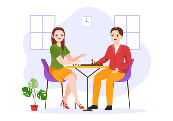 Chess Board Game Illustration with People Sitting Opposite and Playing for Web Banner or Landing Page in Cartoon Hand Drawn Templates Illustration