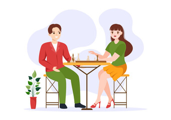 Chess Board Game Illustration with People Sitting Opposite and Playing for Web Banner or Landing Page in Cartoon Hand Drawn Templates Illustration