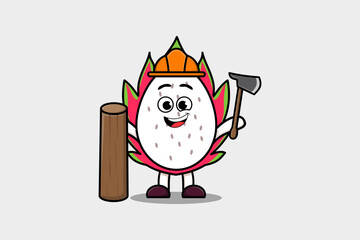 Cute cartoon Dragon fruit as carpenter character with ax and wood in flat modern style