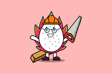 Cute cartoon Dragon fruit as carpenter character with saw and wood in flat modern style design