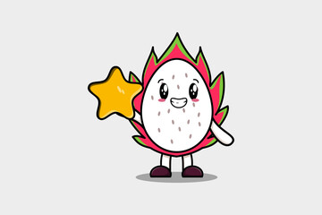 Cute cartoon Dragon fruit character holding big golden star in cute modern style design illustration