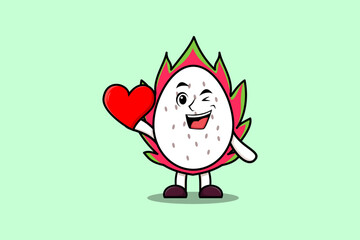 Cute cartoon Dragon fruit character holding big red heart in modern style design illustration