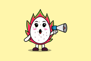 Cute Cartoon Dragon fruit character speak with megaphone in 3d cartoon style concept
