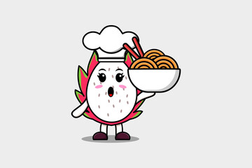 Cute cartoon Dragon fruit chef character holding noodles in bowl flat cartoon style illustration