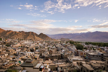 Landscape view of Leh city in falls, the town is located in the Indian Himalayas at an altitude of 3500 meters, North India