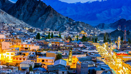 Landscape view of Leh city in falls, the town is located in the Indian Himalayas at an altitude of 3500 meters, North India
