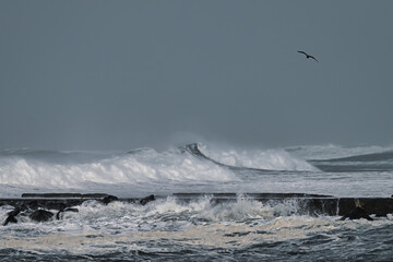 Strong waves crash on a jetty at the Oregon Coast