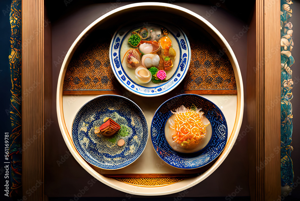 Wall mural Plates of cute tiny japanese and korean food in a 5 stars restaurant in a asian country made by a chef cook illustration mattepainting background 