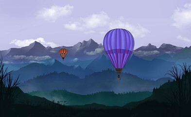 This is a 3-d illustration of a mountain scene with hot air balloons and showing layers of depth on a clear day.