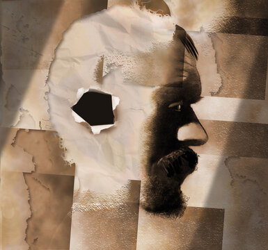 A 3-d illustration shows a man with a hold where his ear should be in this grunge filled, sepia toned image about hearing loss due to injury.