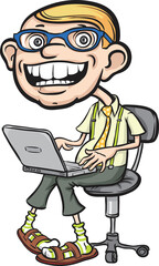 happy geek sitting with laptop - PNG image with transparent background
