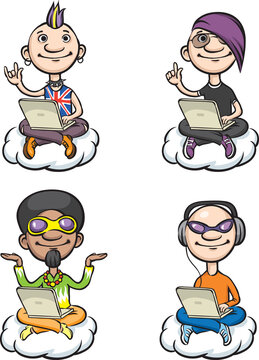 funky cartoon people on a cloud with laptop - PNG image with transparent background
