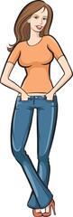 standing woman in jeans with speech bubble on white background - PNG image with transparent background