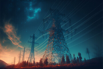 Electricity pylon in an open field - obrazy, fototapety, plakaty