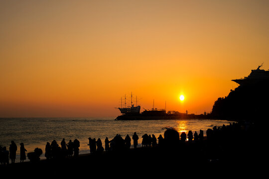 Sunrise View Of  Sailboat At Jeongdongjin Beach.