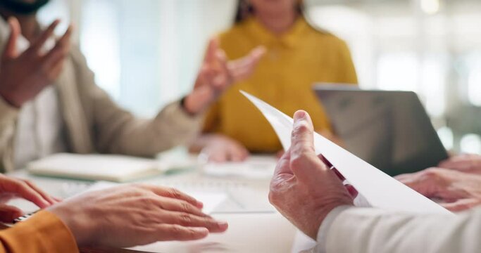 Business people, hands or teamwork meeting with documents, paper or laptop in brand strategy planning. Zoom, men or creative women in collaboration with digital marketing technology or data research