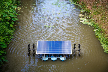 Paddle wheel solar cell turbine in canal for wastewater treatment increasing oxygen