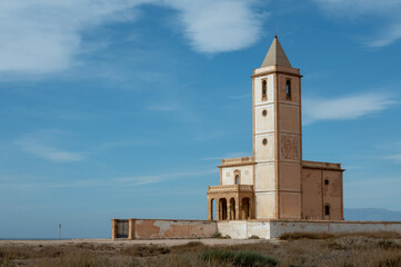 Obraz premium Church of La Almadraba de Monteleva or Church of Las Salinas in Cabo de Gata Park in Almeria, Spain.