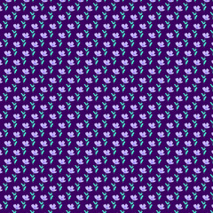 Spring floral fabric pattern with simple modest lilac flowers on violet purple background