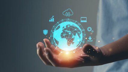 Digital transformation, person using infographic cloud computing, cloud technology is centralized collect lifestyle, shopping and global financial ecosystem, icon concept