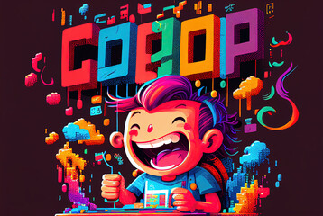 Happy cheerful character coding on computer, funny programming concept, an illustration created with Generative AI artificial intelligence technology