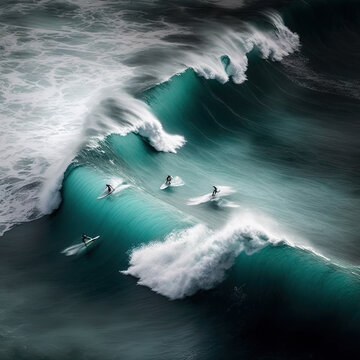 Aerial photo of a group of surfers surfing together in Hawaii. Colored surfboards in blue ocean top view.