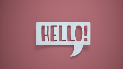 Hello salutation or greeting word to welcome someone or initiate a conversation. Design with letters cut out in paper speech bubble over pink background. Communication concept, introduction. - obrazy, fototapety, plakaty