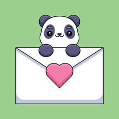 cute panda holding a love letter cartoon mascot doodle art hand drawn outline concept vector kawaii icon illustration