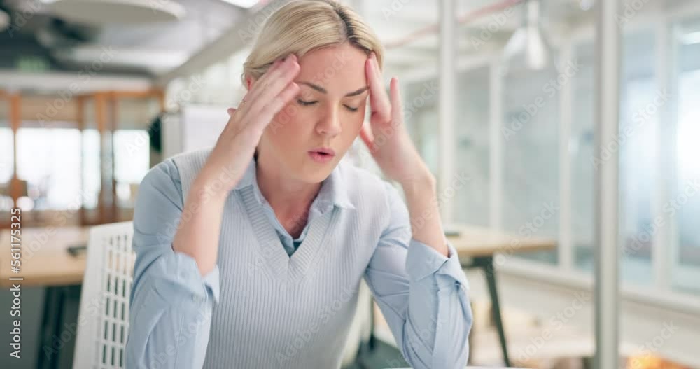 Sticker Mental health, stress and business woman with headache problem, work burnout and depressed over job mistake. Medical healthcare crisis, office depression and corporate employee sad over career fail