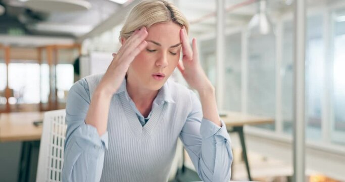 Mental health, stress and business woman with headache problem, work burnout and depressed over job mistake. Medical healthcare crisis, office depression and corporate employee sad over career fail