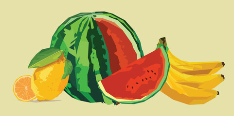 Set of fruits, Watermelon, banana, lemon illustration 