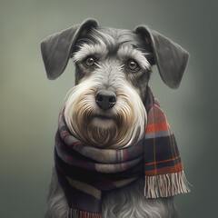 Cute dog with a scarf. The concept of fashion and cold style.