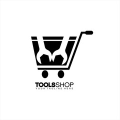 Tools shop vector logo design with basket and wrench.