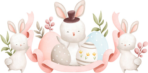 Easter Rabbit and Easter egg in the garden. Watercolor illustration