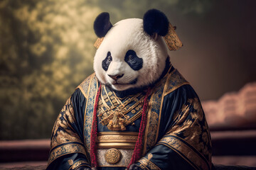 Panda wearing China national dress, Generative AI
