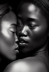 black and white portrait of lesbian couple kissing and hugging, biracial couple, black woman and Japanese woman, Generative AI