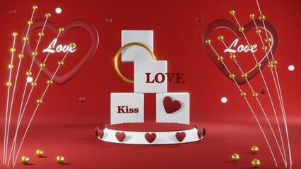 3D rendering of red podium for Valentine products on Valentine's Day.