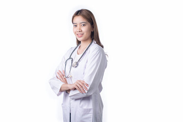 Fototapeta premium Portrait of Asian woman doctor wearing uniform stand isolated on white background. Female medical nurse or practitioner with stethoscope look at camera. Healthcare concept