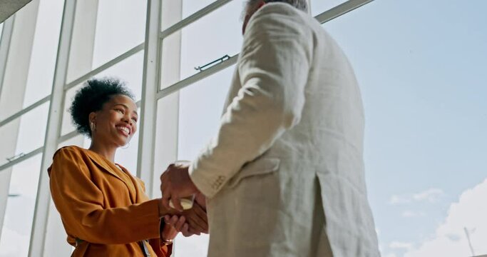 Tablet, handshake and business people meeting in corporate b2b, financial advisor and finance review. Feedback, digital proposal and black woman shaking hands for partnership or online budget advice