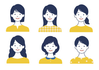 笑顔の女性アイコンセット 髪型色々バリエーション 黄色