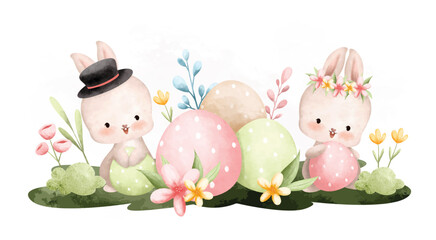 Watercolor Illustration Easter rabbit and Easter egg in the garden