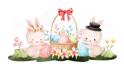 Watercolor Illustration Easter rabbit and Easter egg in the garden