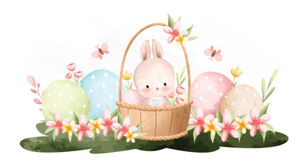 Watercolor Illustration Easter rabbit and Easter egg in the garden