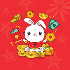 Chinese New Year 2023 Year of the Rabbit with wealth gold money.