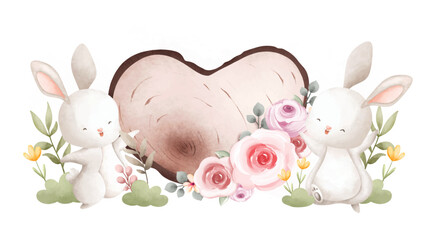 Watercolor Illustration White rabbits and wooden board