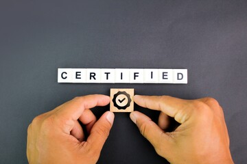 letters of the alphabet with the word CERTIFIED and its icon. Standard certification, accurate...
