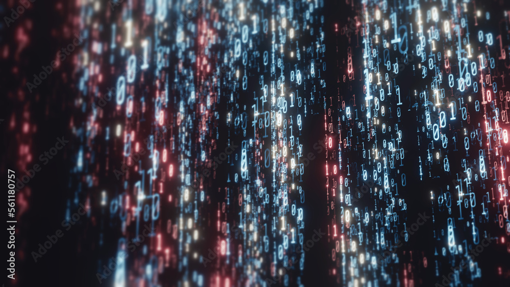 Poster 3D Rendering of abstract blur binary data. Concept for big data, deep machine learning, artificial intelligence, futuristic cyberspace, cyber security, business technology background