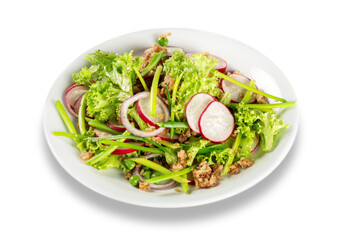 Close-up photo of fresh salad with vegetables in white plate