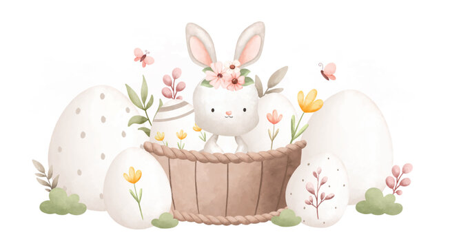 Watercolor Illustration Easter rabbit and Easter egg in the garden