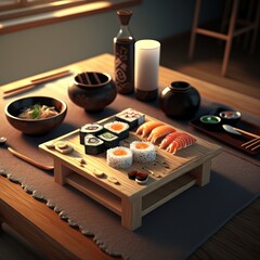 Japanese sushi set on the wooden table. Different varieties of sushi, sashimi and nigiri at restaurant. Generative AI.
